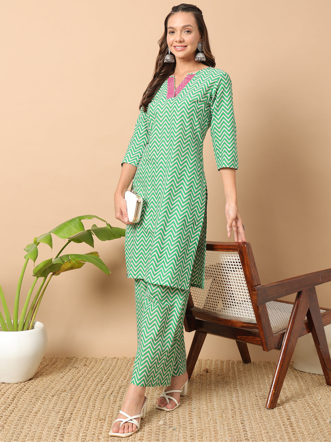 Women's Sea Green Cotton Straight Kurta Set