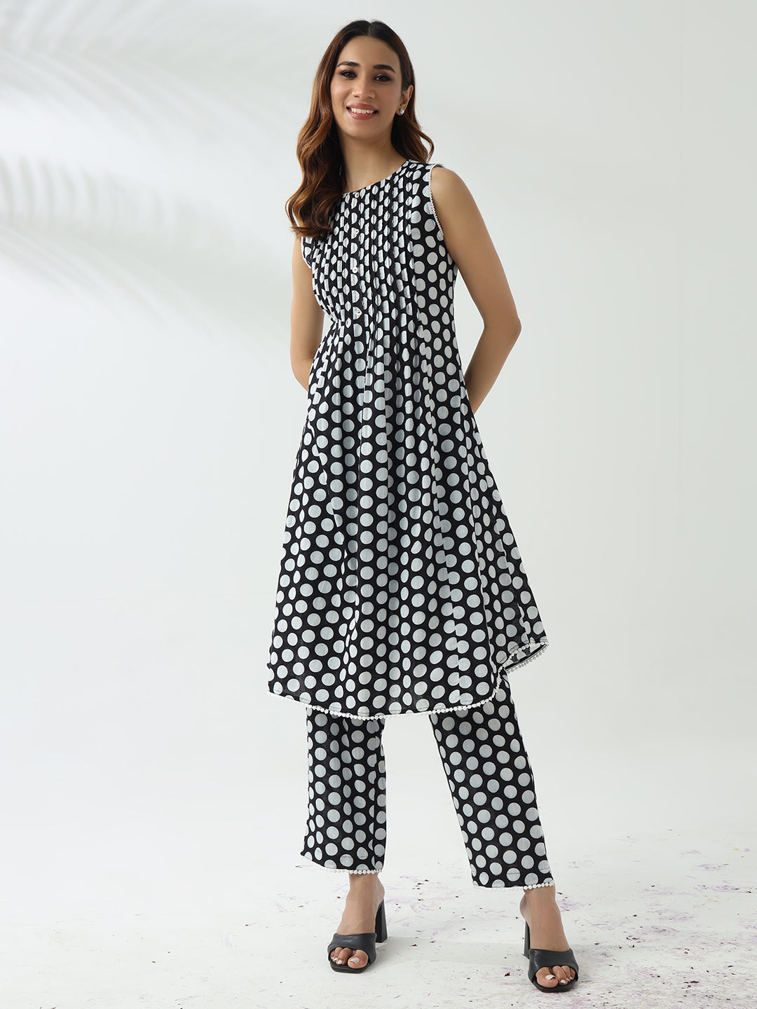 Elegant Black & White Cotton Flared Kurta Set for Women