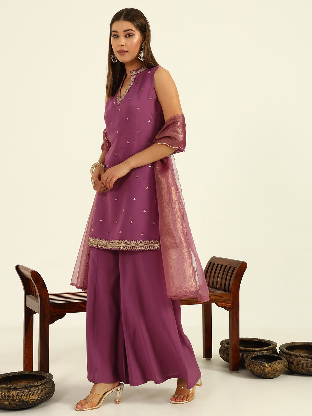 Plum Sleeveless Kurta with Embroidered Neckline & Flared Palazzo Set