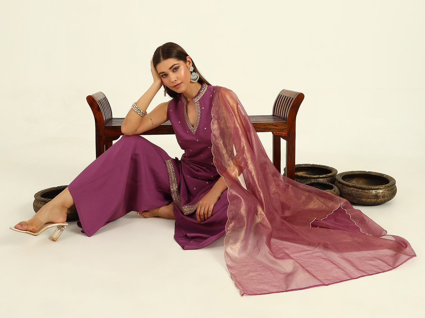 Plum Sleeveless Kurta with Embroidered Neckline & Flared Palazzo Set