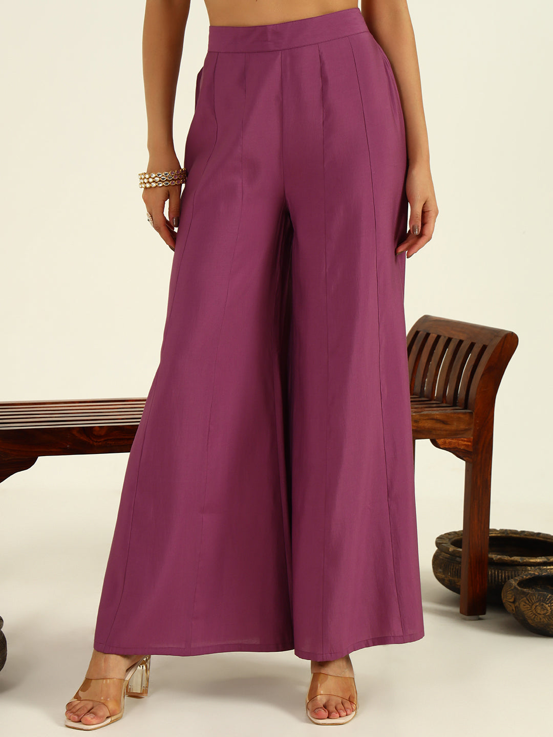 Plum Sleeveless Kurta with Embroidered Neckline & Flared Palazzo Set