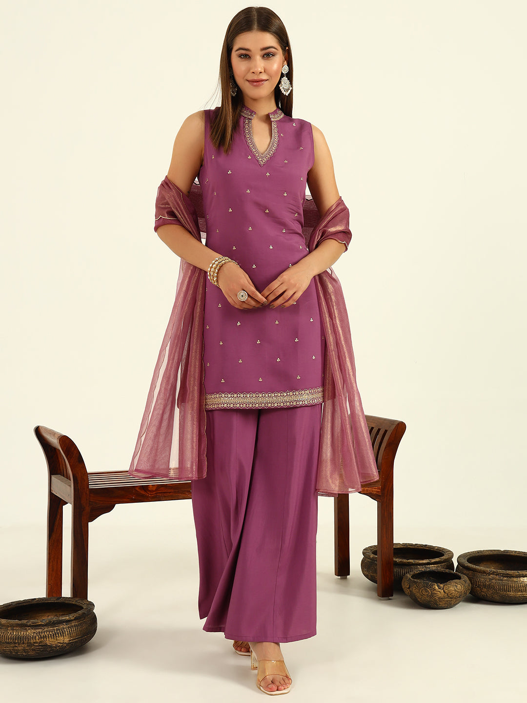 Plum Sleeveless Kurta with Embroidered Neckline & Flared Palazzo Set