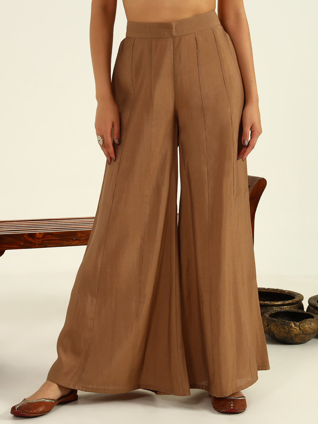 Women's Brown Viscose Chanderi Straight Kurta with Palazzo and Dupatta