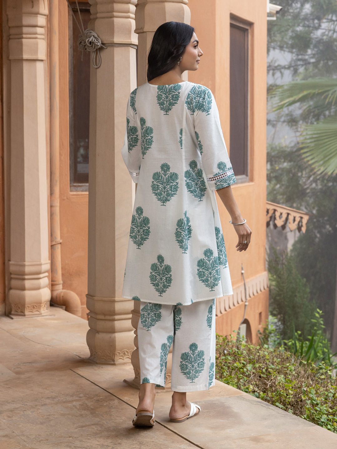 Classic White Cotton Flared Kurta Set for Women