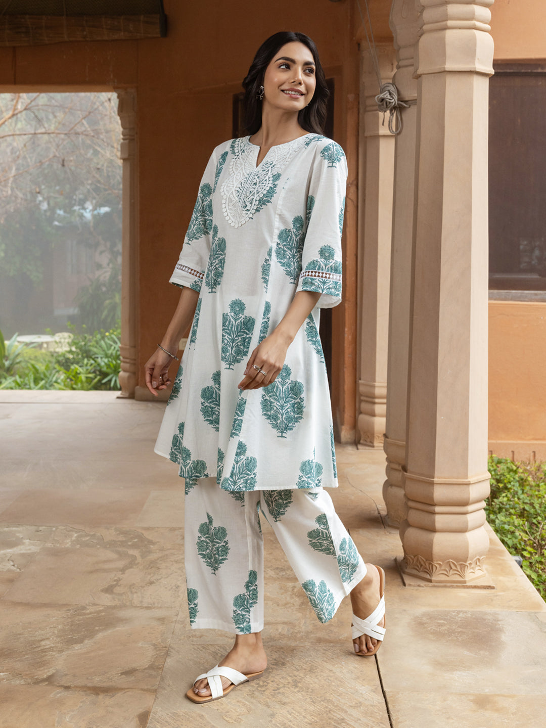 Classic White Cotton Flared Kurta Set for Women