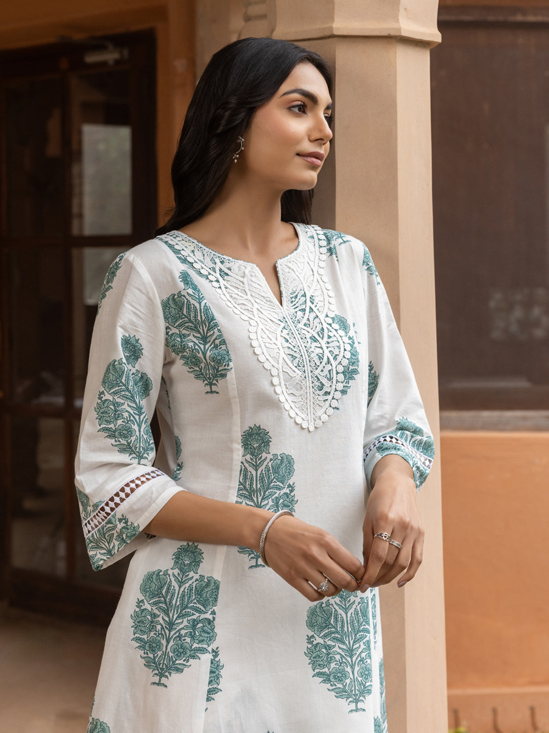 Classic White Cotton Flared Kurta Set for Women