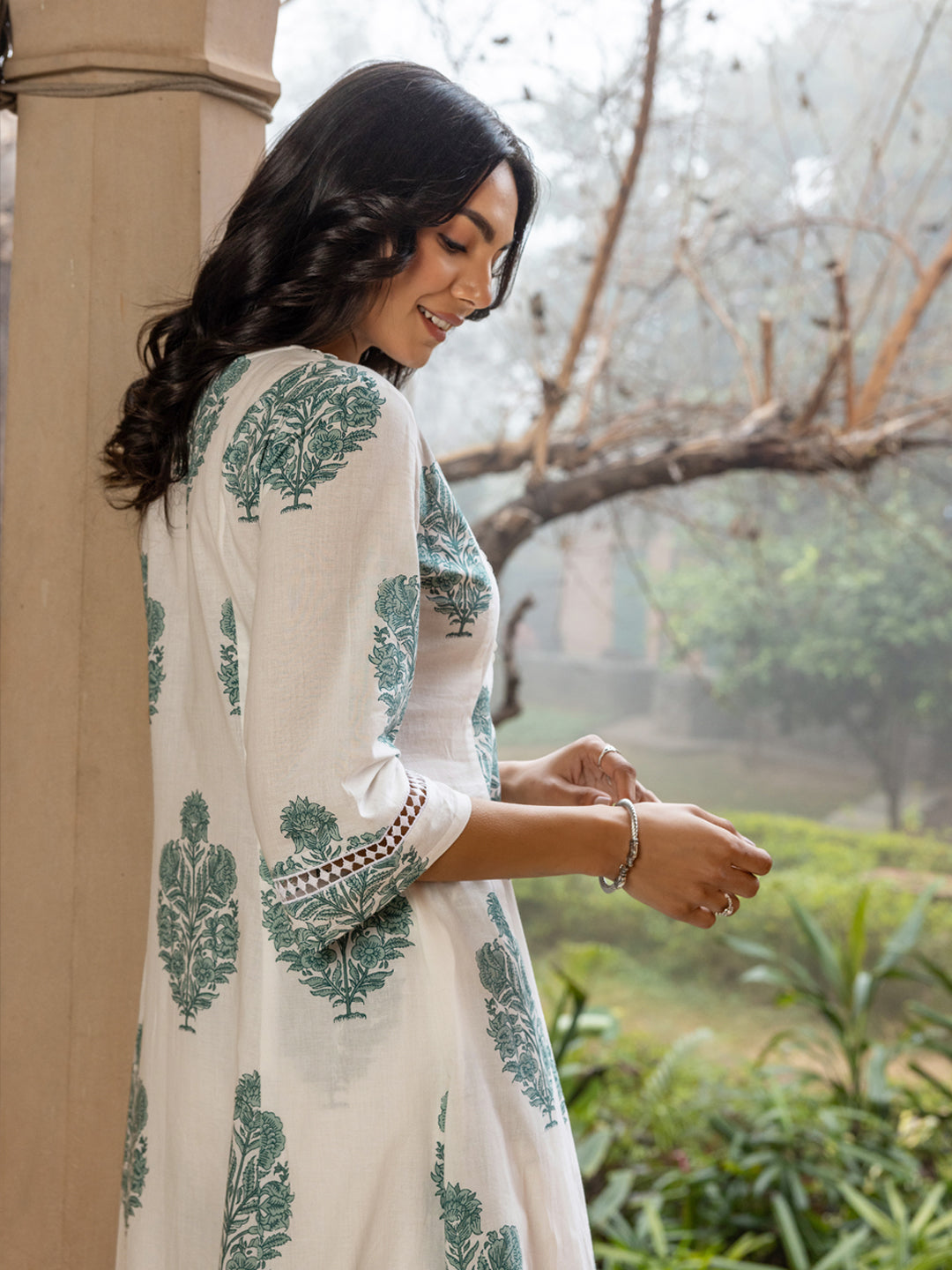 Classic White Cotton Flared Kurta Set for Women