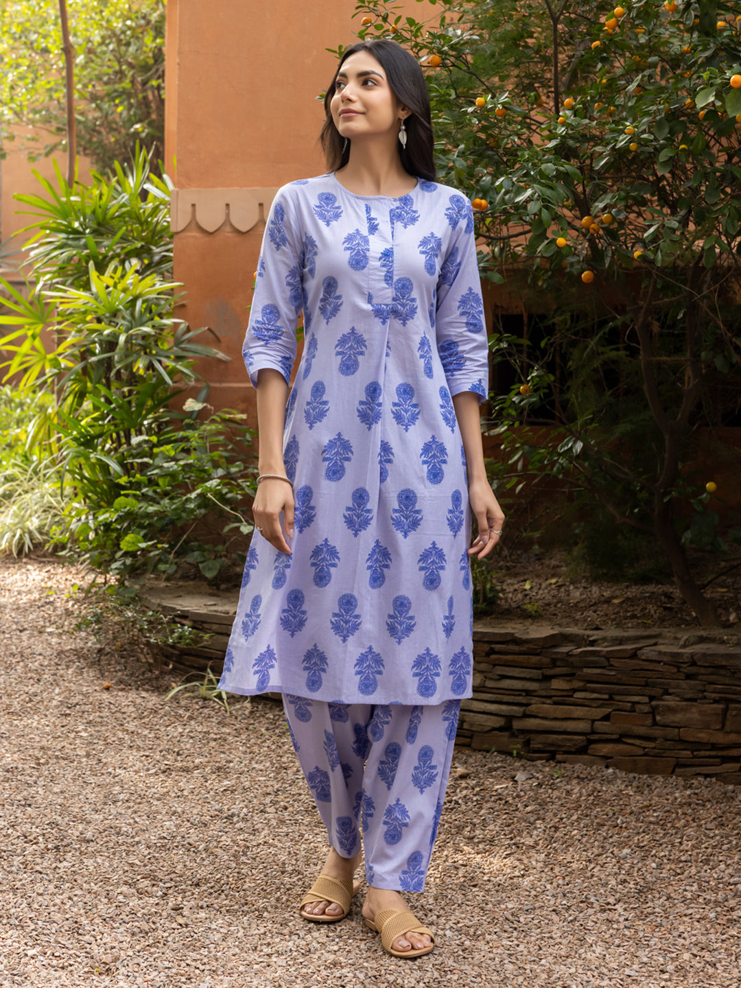 Women's Blue Cotton Flared Kurta Set