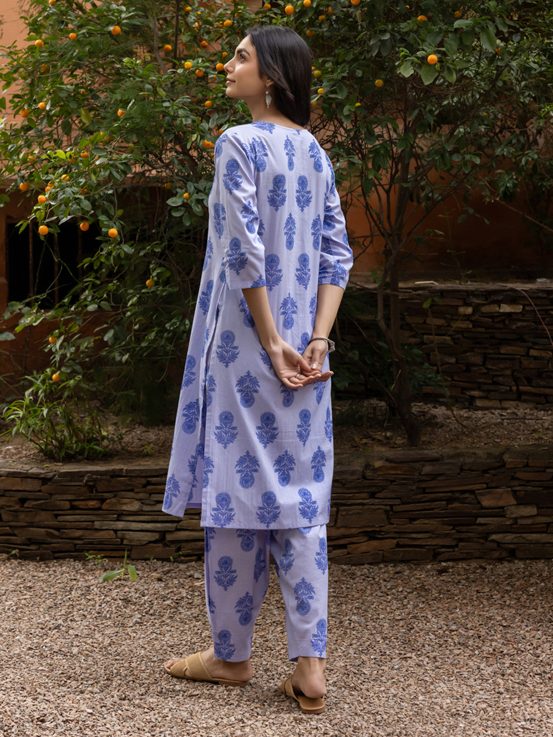 Women's Blue Cotton Flared Kurta Set