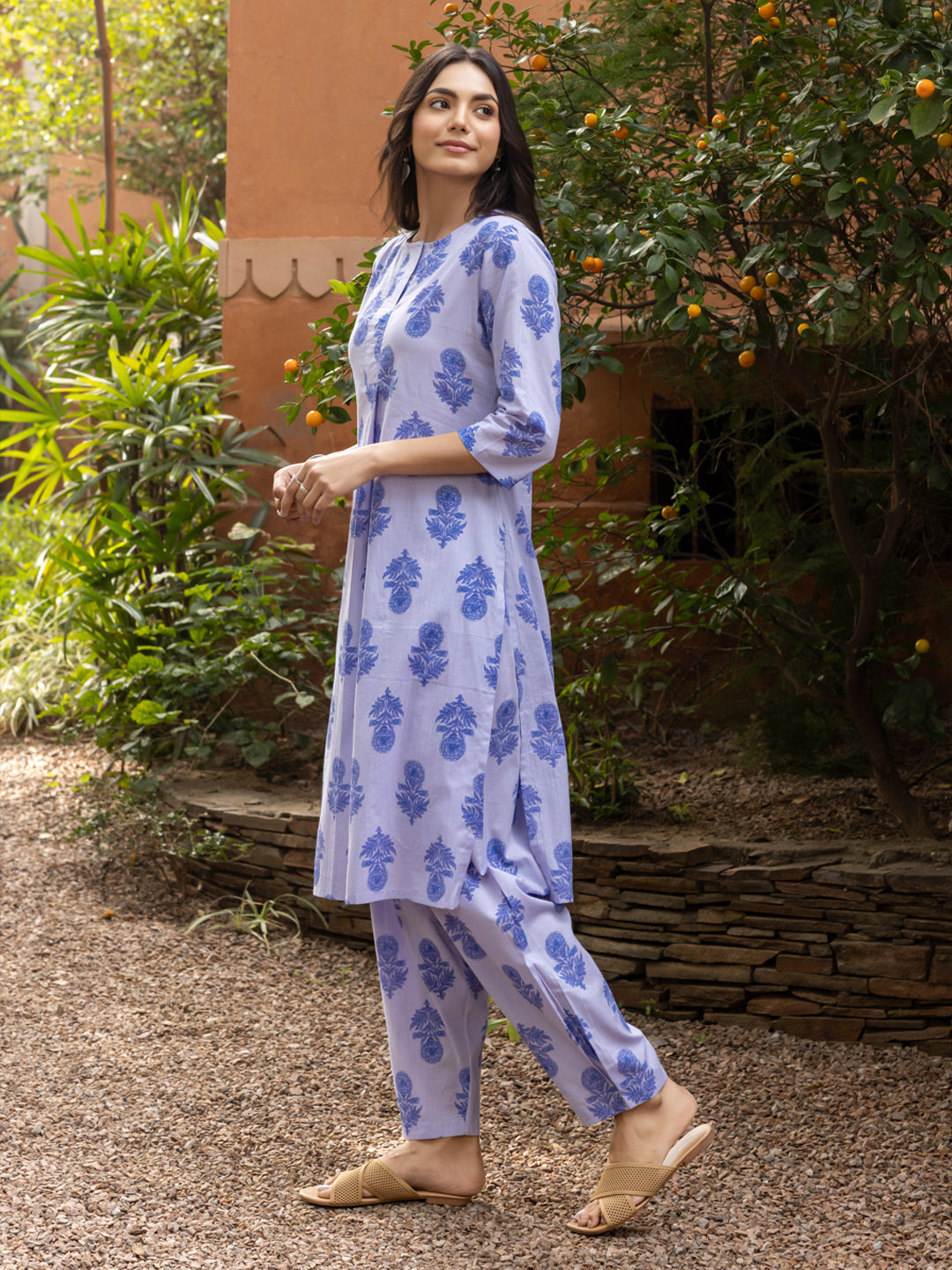 Women's Blue Cotton Flared Kurta Set