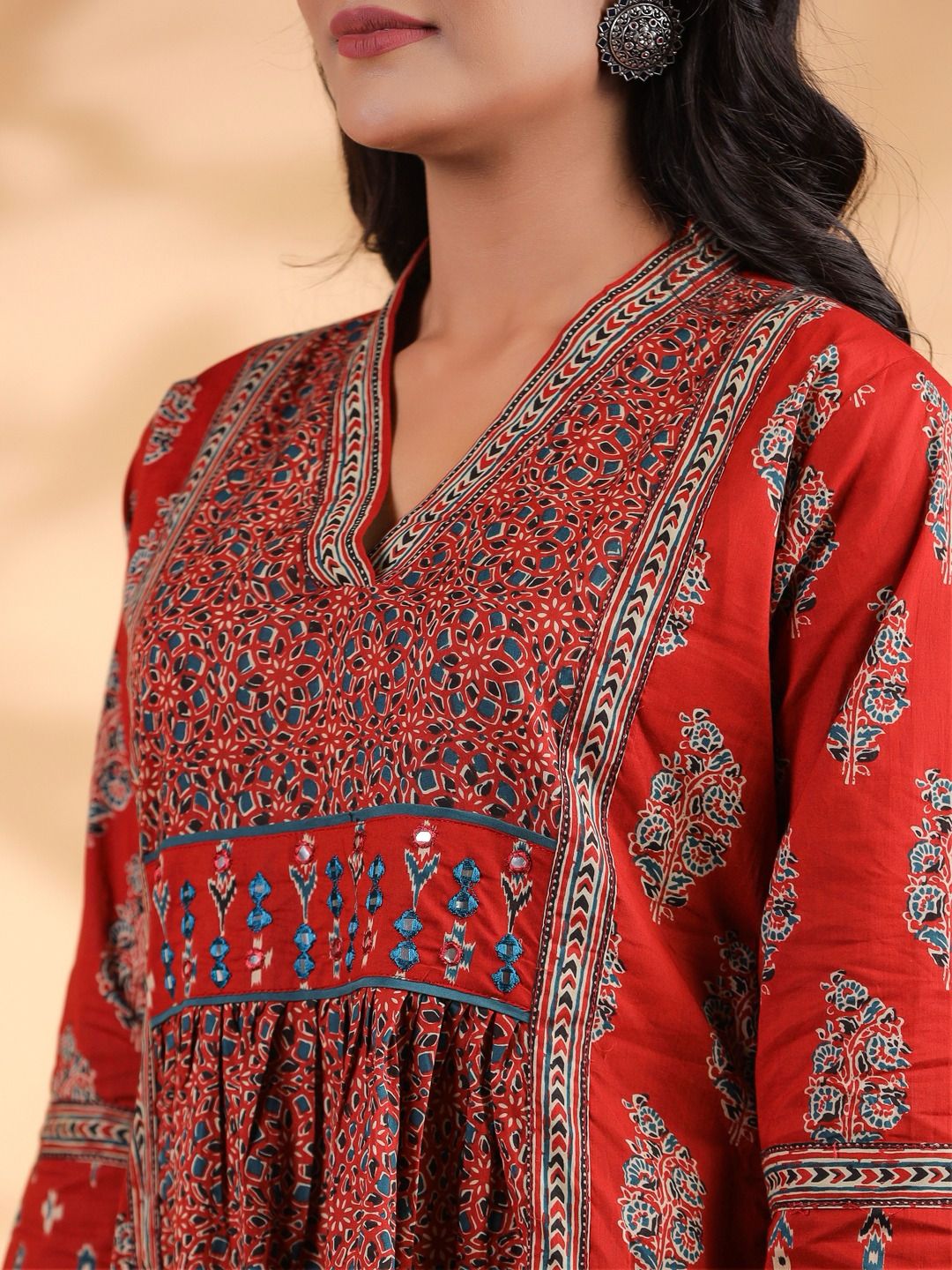 Red Emboidered Anarkali Cotton Kurta