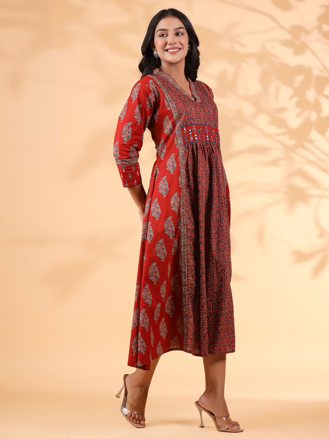 Red Emboidered Anarkali Cotton Kurta