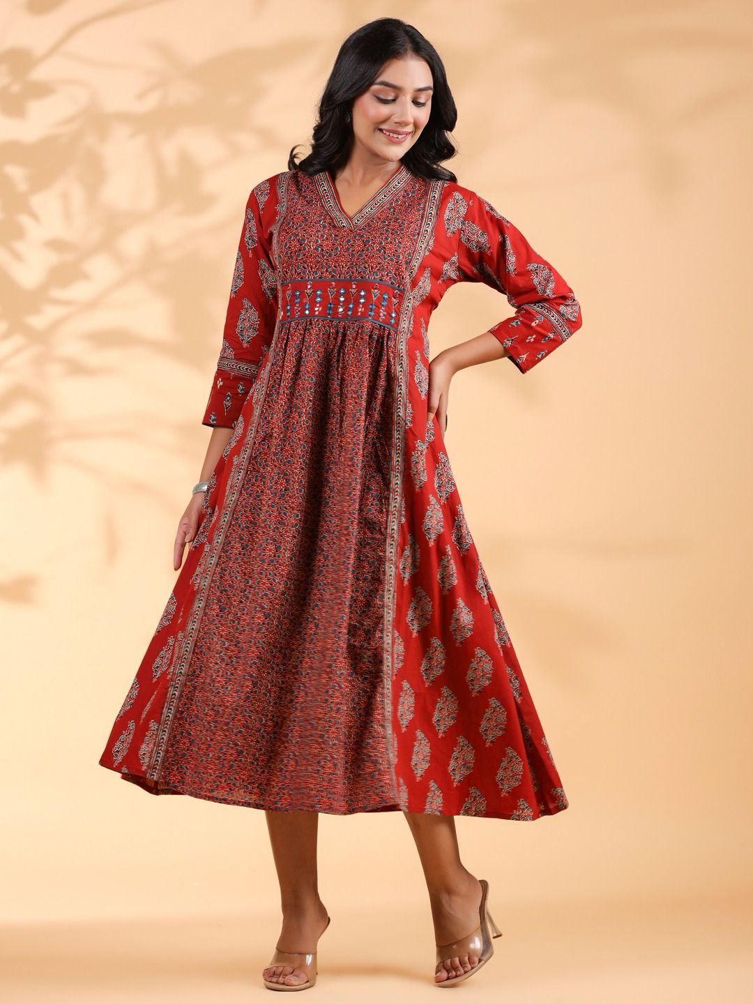 Red Emboidered Anarkali Cotton Kurta