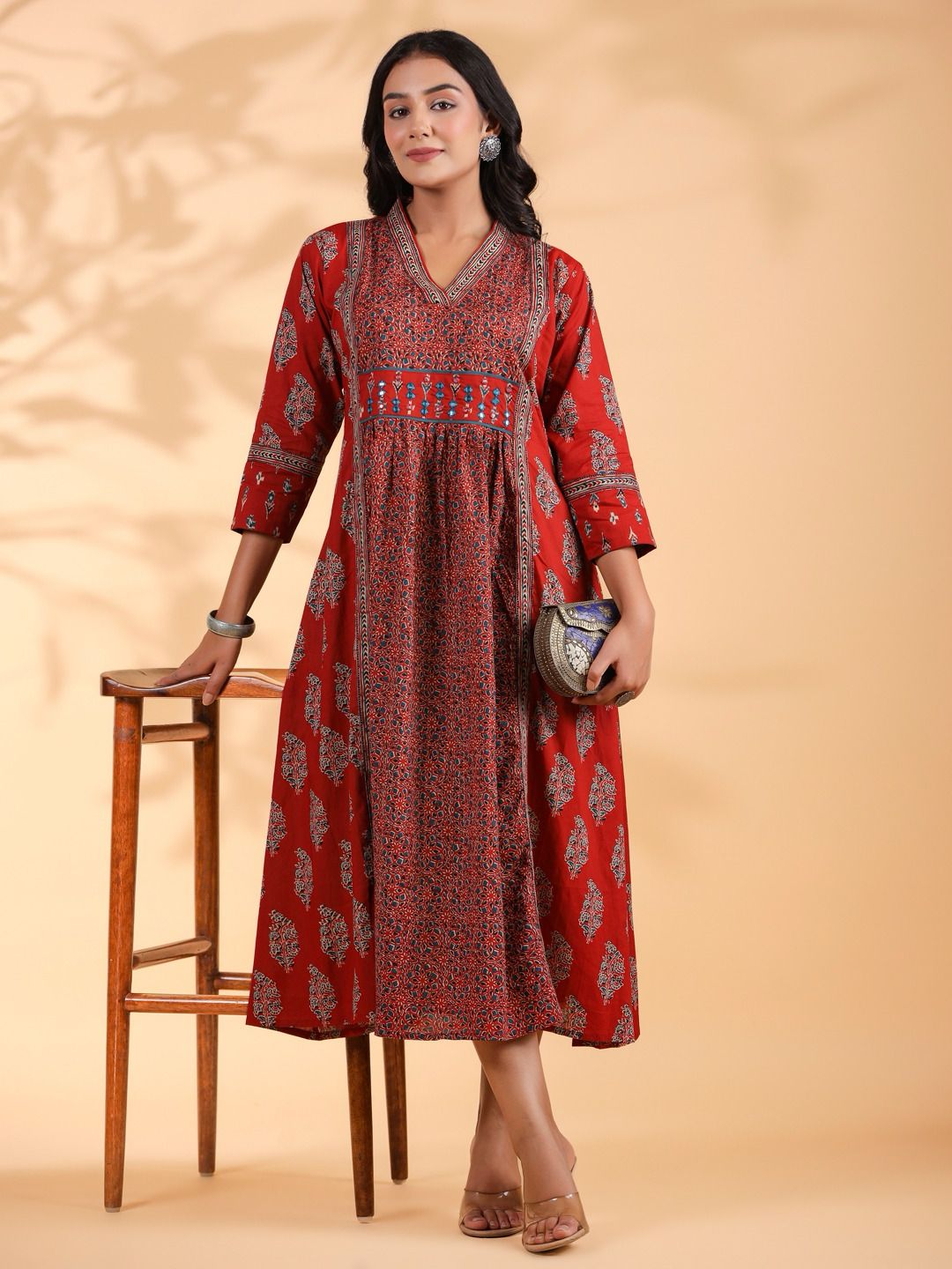 Red Emboidered Anarkali Cotton Kurta