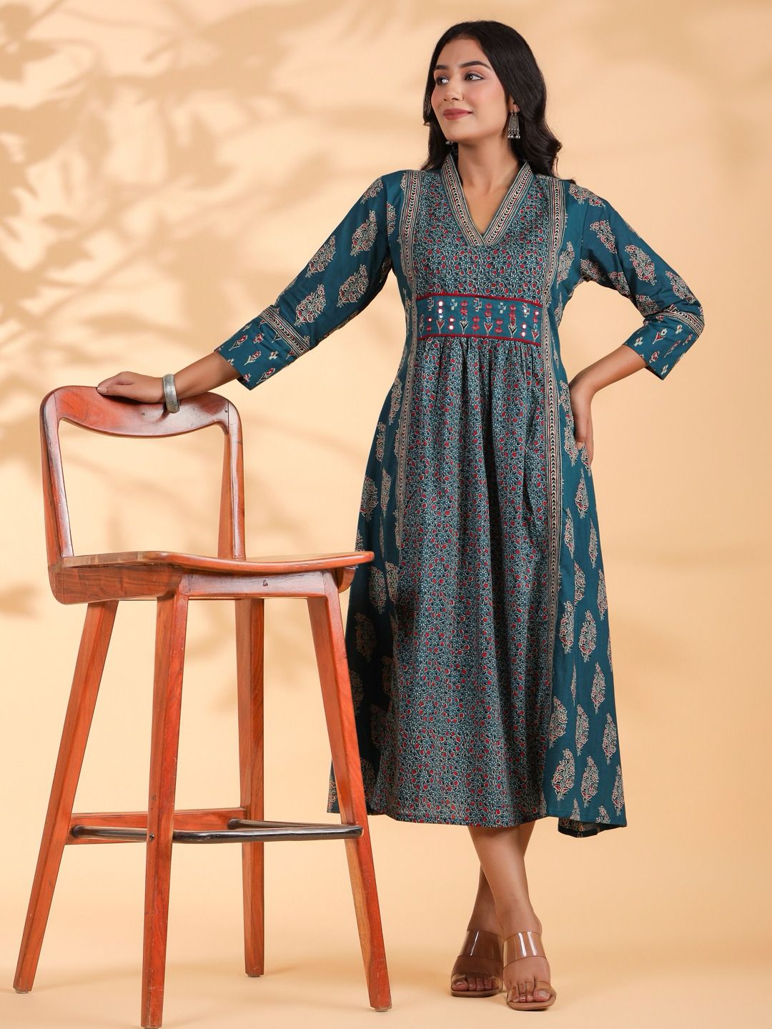 Dark Rama Emboidered Anarkali Cotton Kurta