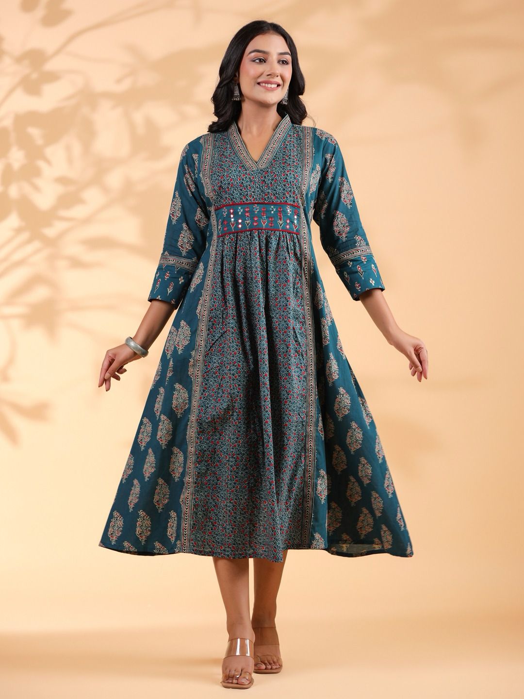 Dark Rama Emboidered Anarkali Cotton Kurta