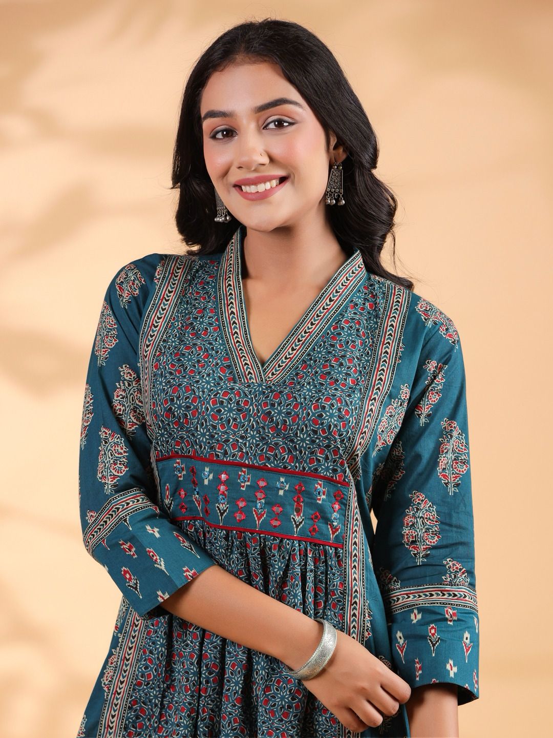 Dark Rama Emboidered Anarkali Cotton Kurta