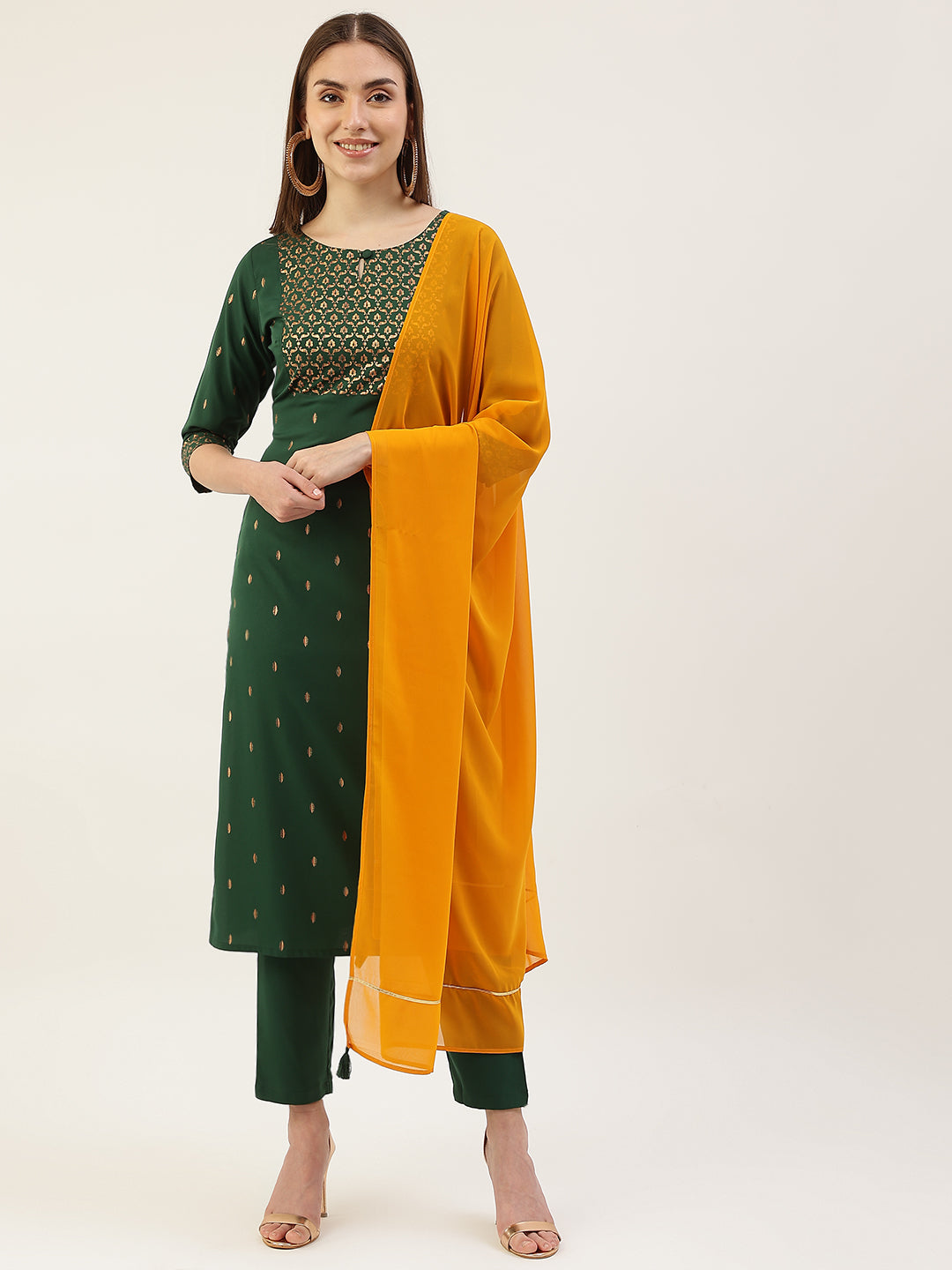Women's Green Poly Crepe Straight Kurta with Pant and Dupatta