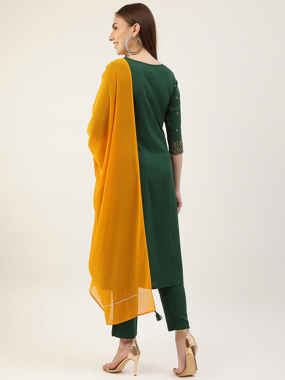 Women's Green Poly Crepe Straight Kurta with Pant and Dupatta