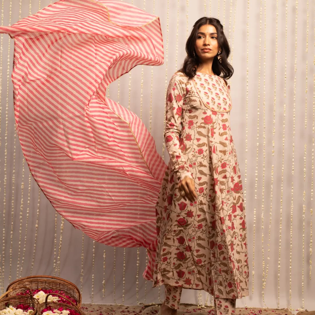 Women's Beige Pure Cotton Flared Kurta with Pant and Dupatta