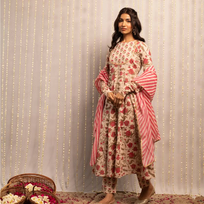 Women's Beige Pure Cotton Flared Kurta with Pant and Dupatta