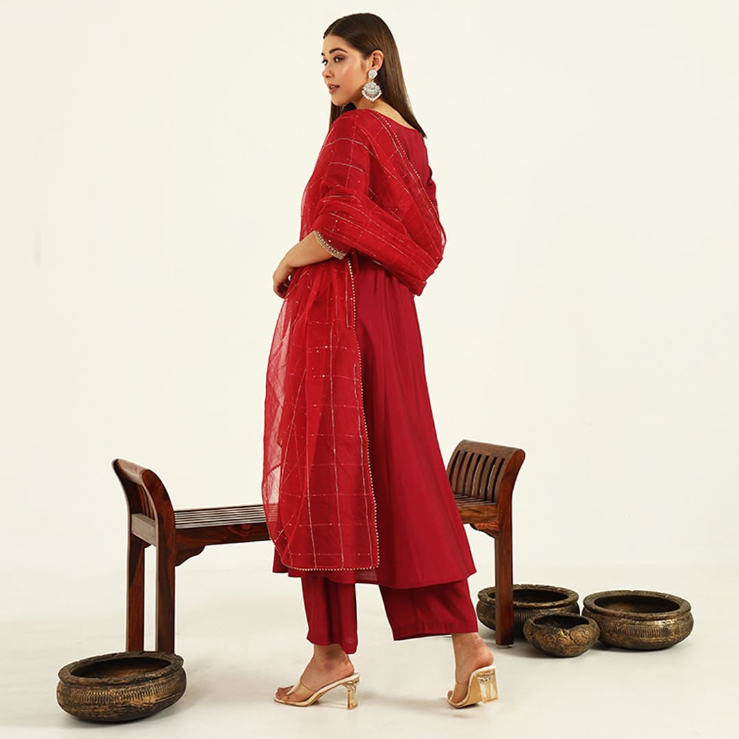 Women's Maroon Viscose Chanderi A-line Kurta with Pant and Dupatta