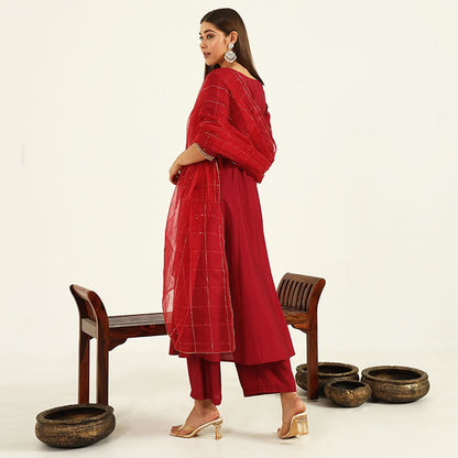Women's Maroon Viscose Chanderi A-line Kurta with Pant and Dupatta
