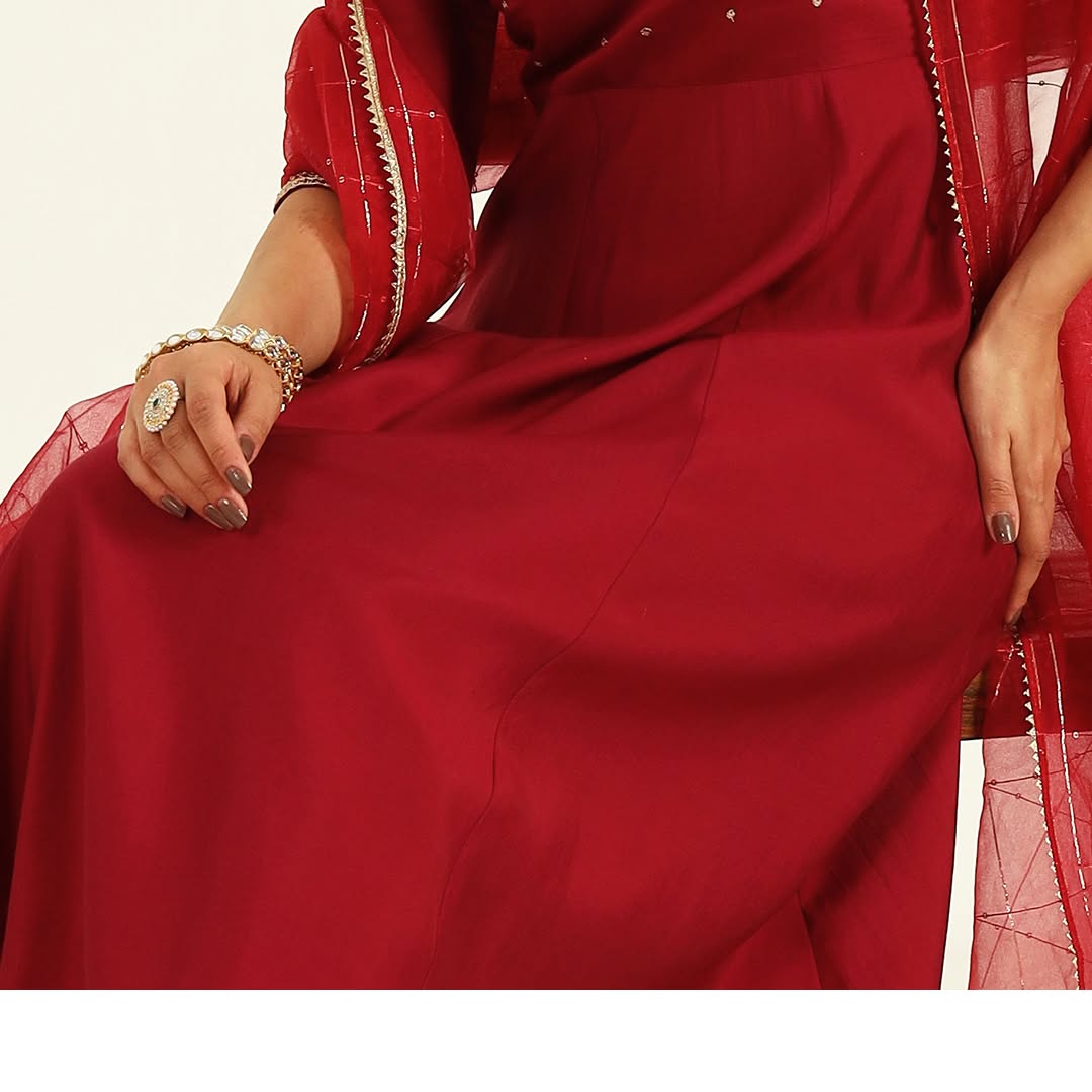 Women's Maroon Viscose Chanderi A-line Kurta with Pant and Dupatta