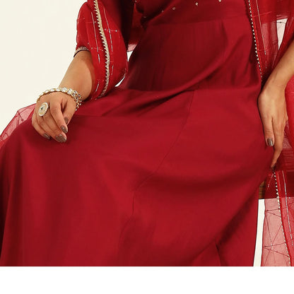 Women's Maroon Viscose Chanderi A-line Kurta with Pant and Dupatta
