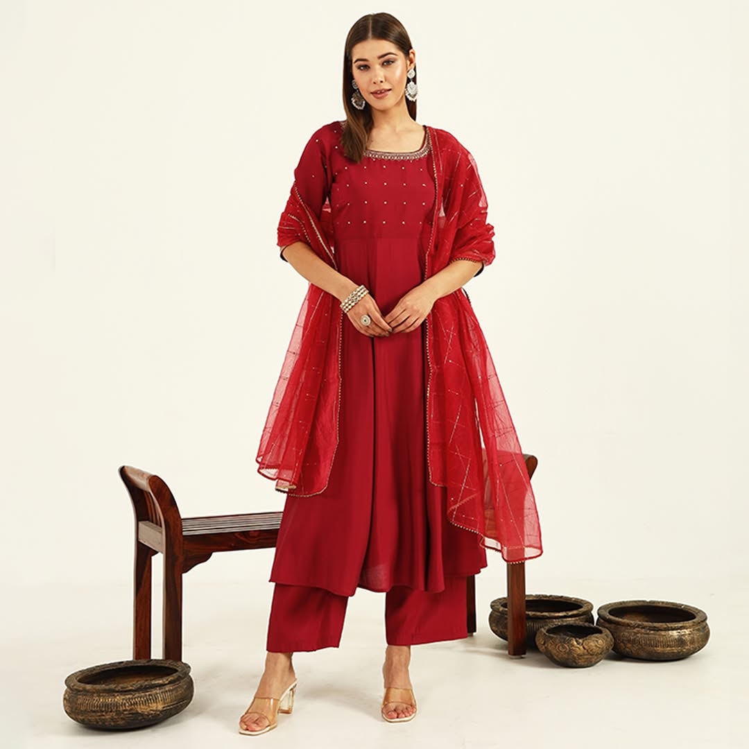 Women's Maroon Viscose Chanderi A-line Kurta with Pant and Dupatta