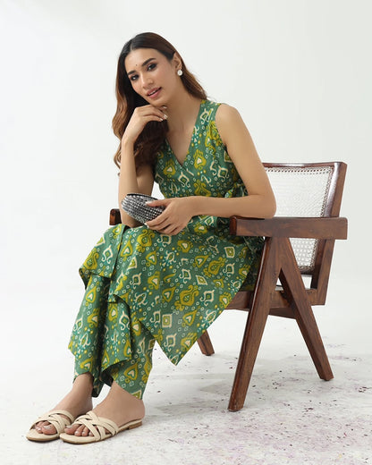Women's Green Cotton Straight Kurta With Palazzo