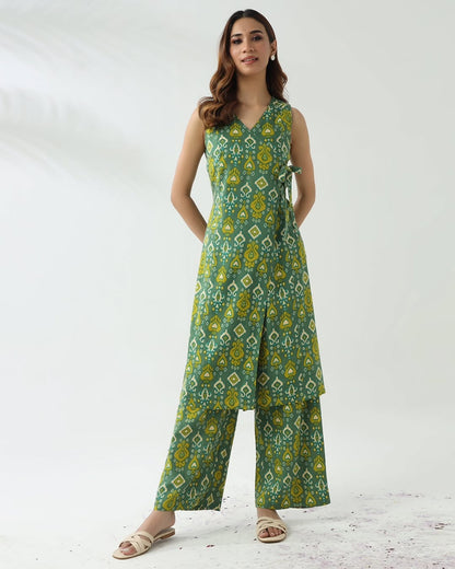 Women's Green Cotton Straight Kurta With Palazzo