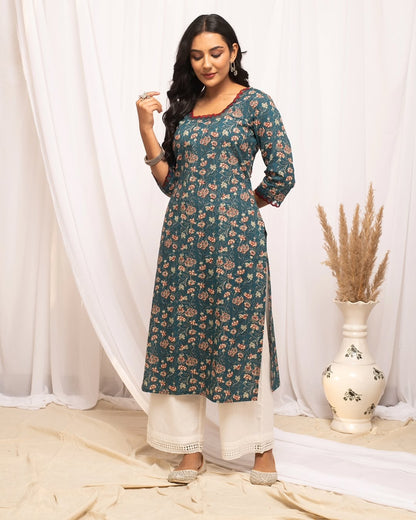 Women's Turquise Floral Printed Cotton Straight Kurta