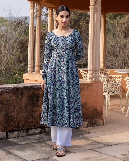 Women's Blue Paisley Printed Cotton Anarkali Kurta