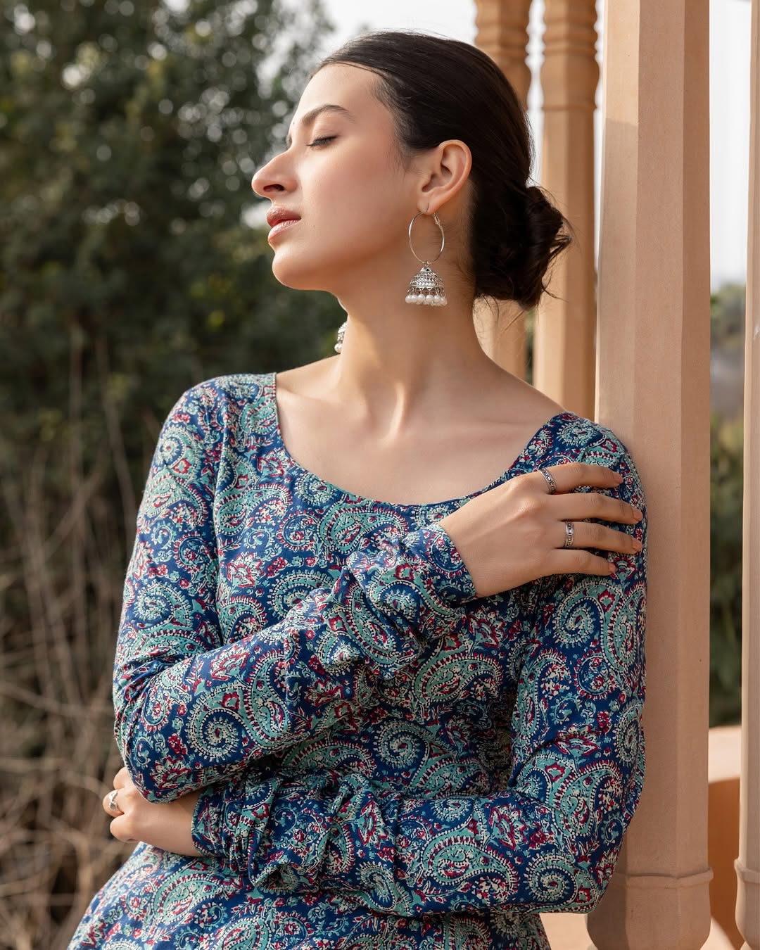 Women's Blue Paisley Printed Cotton Anarkali Kurta