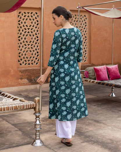 Women's Teal Floral Printed Cotton Flared Kurta