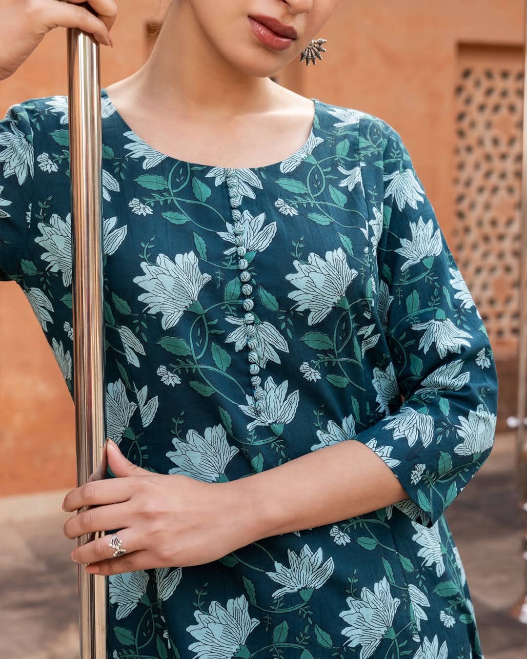 Women's Teal Floral Printed Cotton Flared Kurta