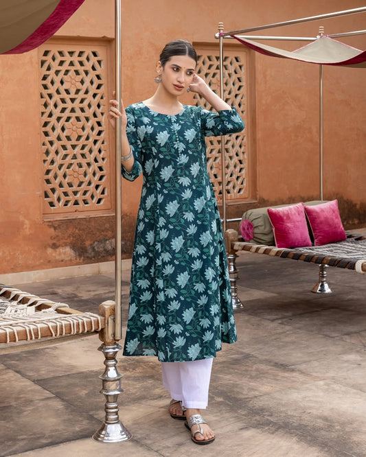 Women's Teal Floral Printed Cotton Flared Kurta