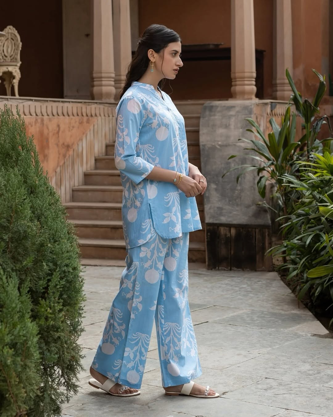 Women's Sky Blue Cotton Printed Co-ord Set