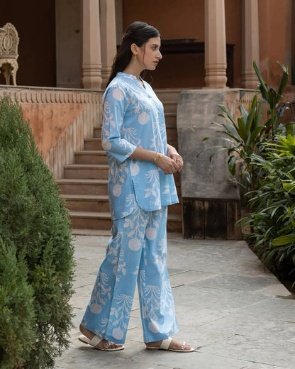 Women's Sky Blue Cotton Printed Co-ord Set