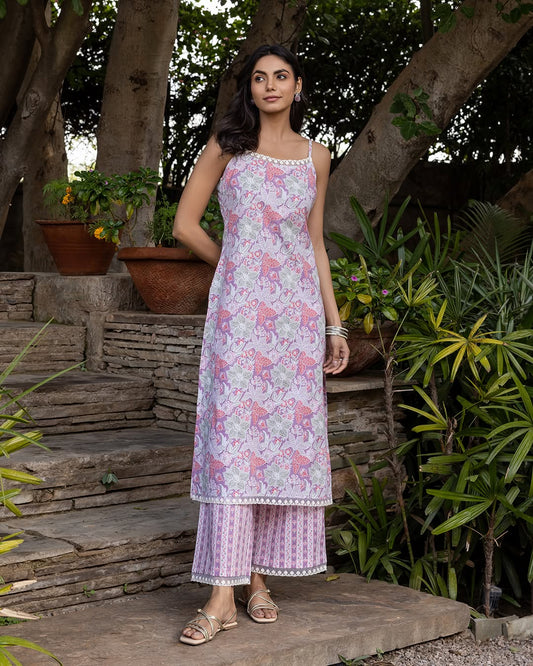 Women's Lilac Cotton Straight Kurta Set