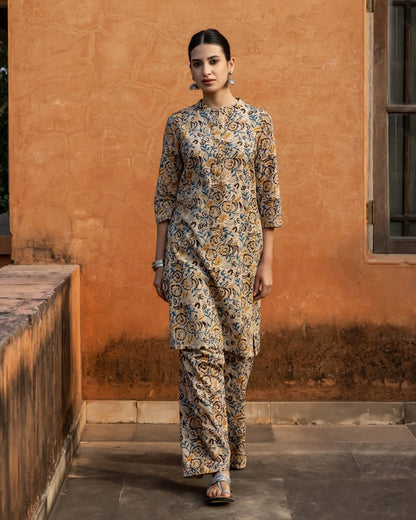 Women's Beige Floral Print Cotton Straight Kurta Set