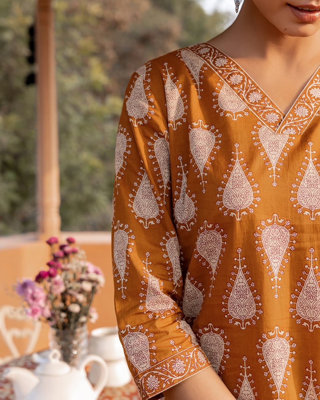 Women's Mustard Cotton Printed Straight-Cut Kurta Set