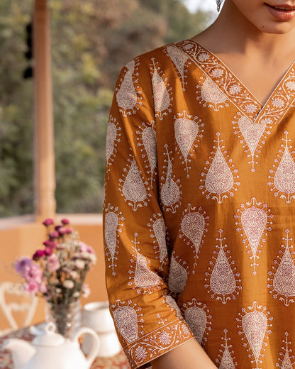 Women's Mustard Cotton Printed Straight-Cut Kurta Set