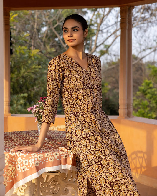 Women's Maroon Floral Print Cotton Straight Kurta Set