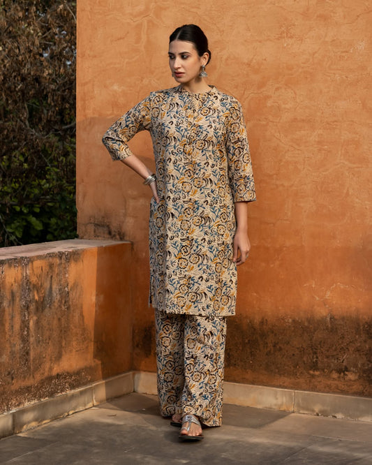 Women's Beige Floral Print Cotton Straight Kurta Set