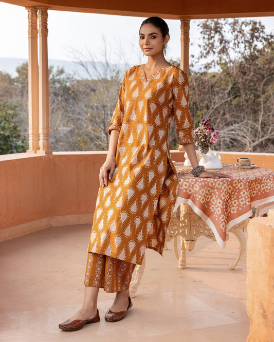 Women's Mustard Cotton Printed Straight-Cut Kurta Set