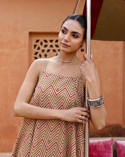 Women's Beige Printed Cotton A-Line Kurta Set
