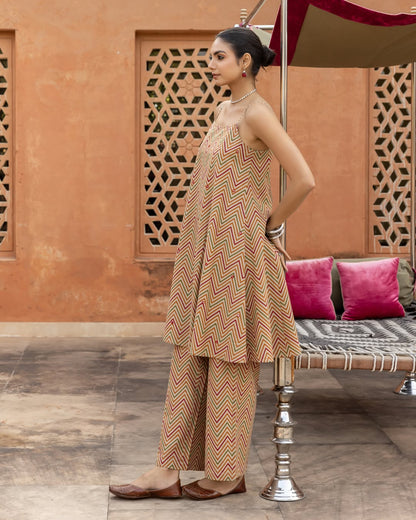 Women's Beige Printed Cotton A-Line Kurta Set
