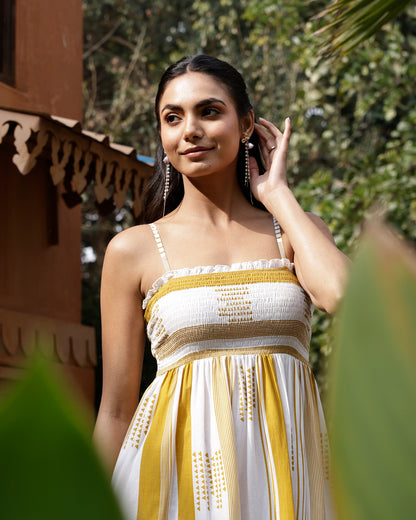 Women's Mustard Striped Cotton Midi Dress